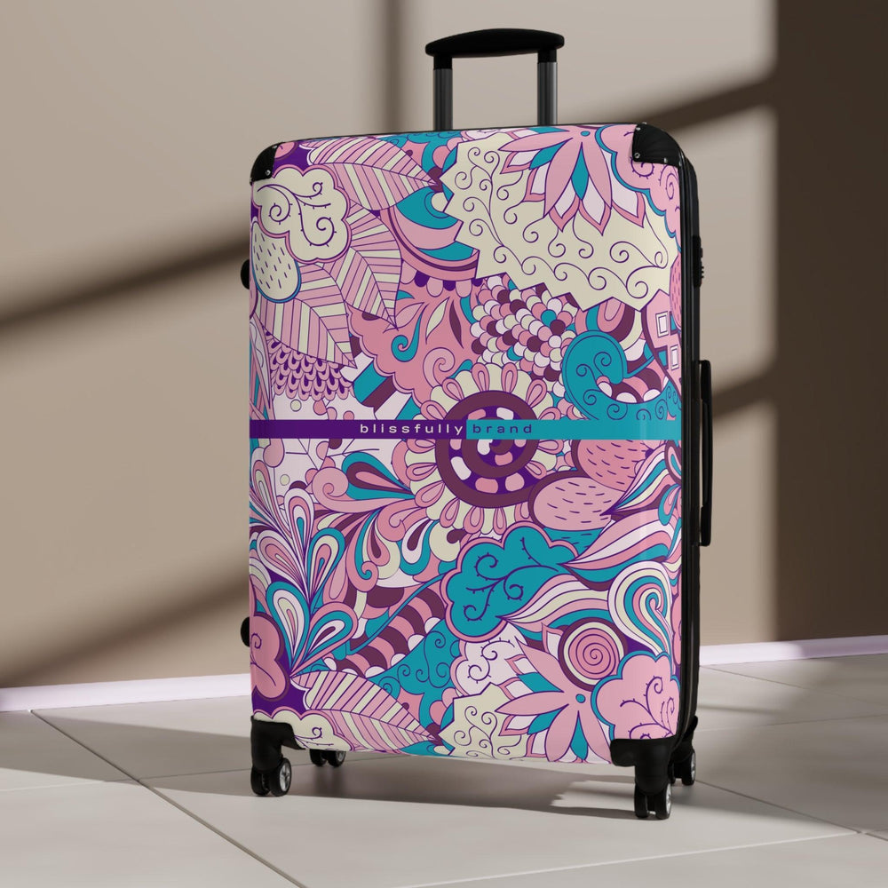 Antina Luggage Collection - Abstract Kaleidoscope Paisley Floral Print Psychedelic Retro Violet Pink Swirls Funky Multicolor Check in Carry On Roller 360 Hard Shell Unique Retro