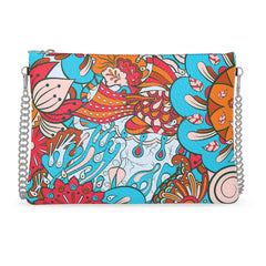 Colorful Inia print Nappa leather chain strap bag with psychedelic floral patterns in blue, orange, red, and pink – abstract bohemian handbag for stylish outfits - London Bliss Collection by Blissfully Brand
