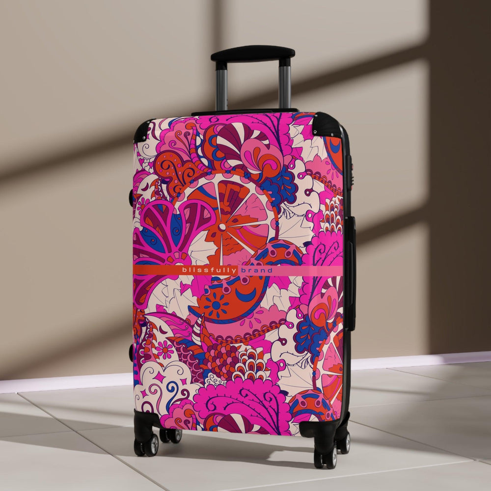Sameria Luggage Collection - Abstract Kaleidoscope Paisley Floral Print Psychedelic Retro Swirls Funky Multicolor Check in Carry On Roller 360 Hard Shell Unique Retro Vibrant Bold Pink Red
