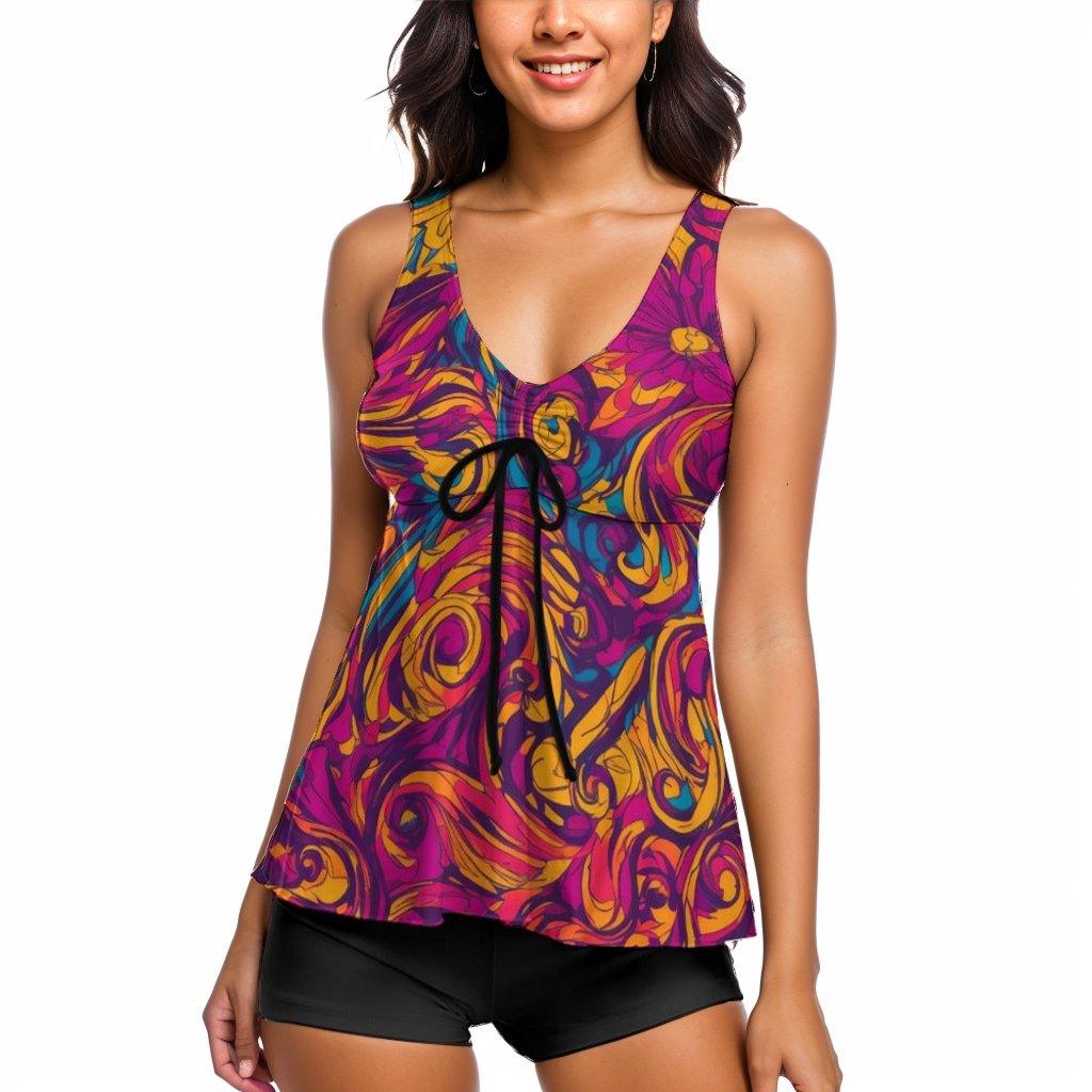 Whispa Flowy Tankini Abstract Floral Swimsuit & Black Shorts Bow Tie - Swirls Red Blue Multicolor Womens Swimwear Beach