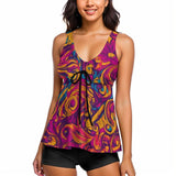 Whispa Flowy Tankini Abstract Floral Swimsuit & Black Shorts Bow Tie - Swirls Red Blue Multicolor Womens Swimwear Beach