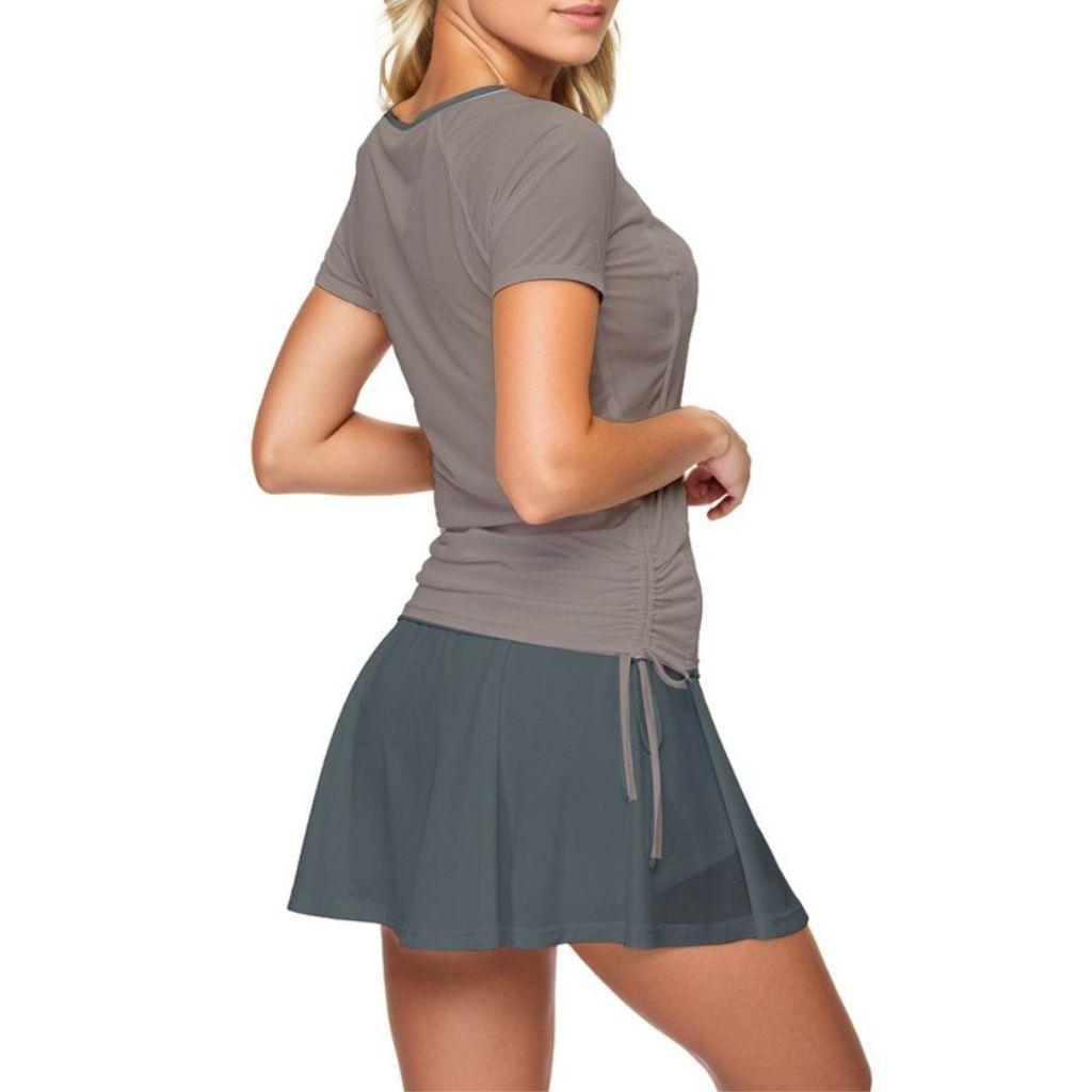 Jana Two Tone Active Top & Skort Set - Brown & Green Sports Activewear Women's Coordinate Contrast Pleated Mini Ruched Tue Round Neck Top Crewneck