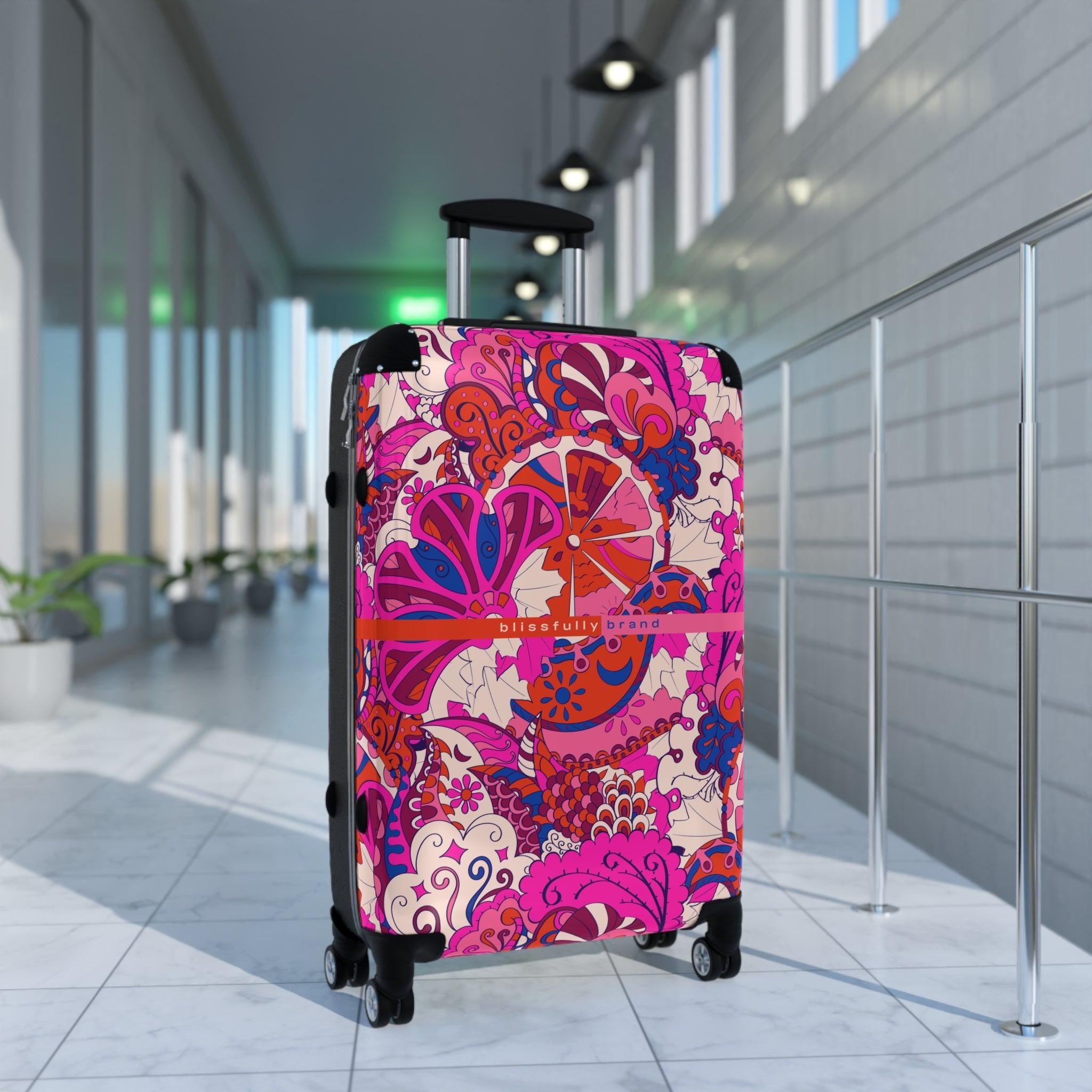 Sameria Luggage Collection - Abstract Kaleidoscope Paisley Floral Print Psychedelic Retro Swirls Funky Multicolor Check in Carry On Roller 360 Hard Shell Unique Retro Vibrant Bold Pink Red