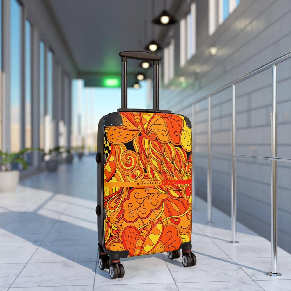 Mandra Luggage Collection - Abstract Kaleidoscope Paisley Floral Print Psychedelic Retro Swirls Funky Multicolor Check in Carry On Roller 360 Hard Shell Unique Retro Vibrant Bold Eclectic Black Orange