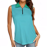 Kume Blue Sleeveless Quarter Zip Polo Top Green Contrast Collar Trim - Summer Chic Casual  Blissfully Brand