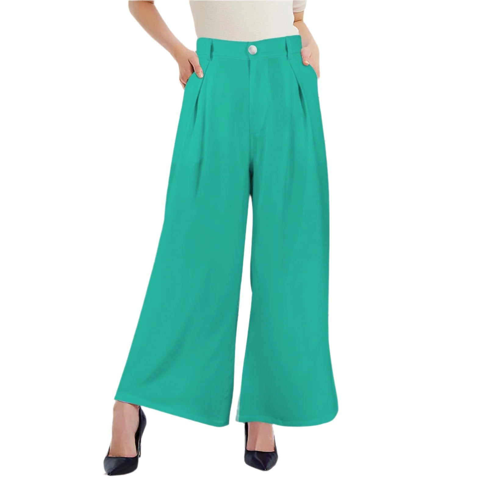 Kume Green Women's High Rise Wide Leg Pants Pleated with Pockets - Blissfully Brand