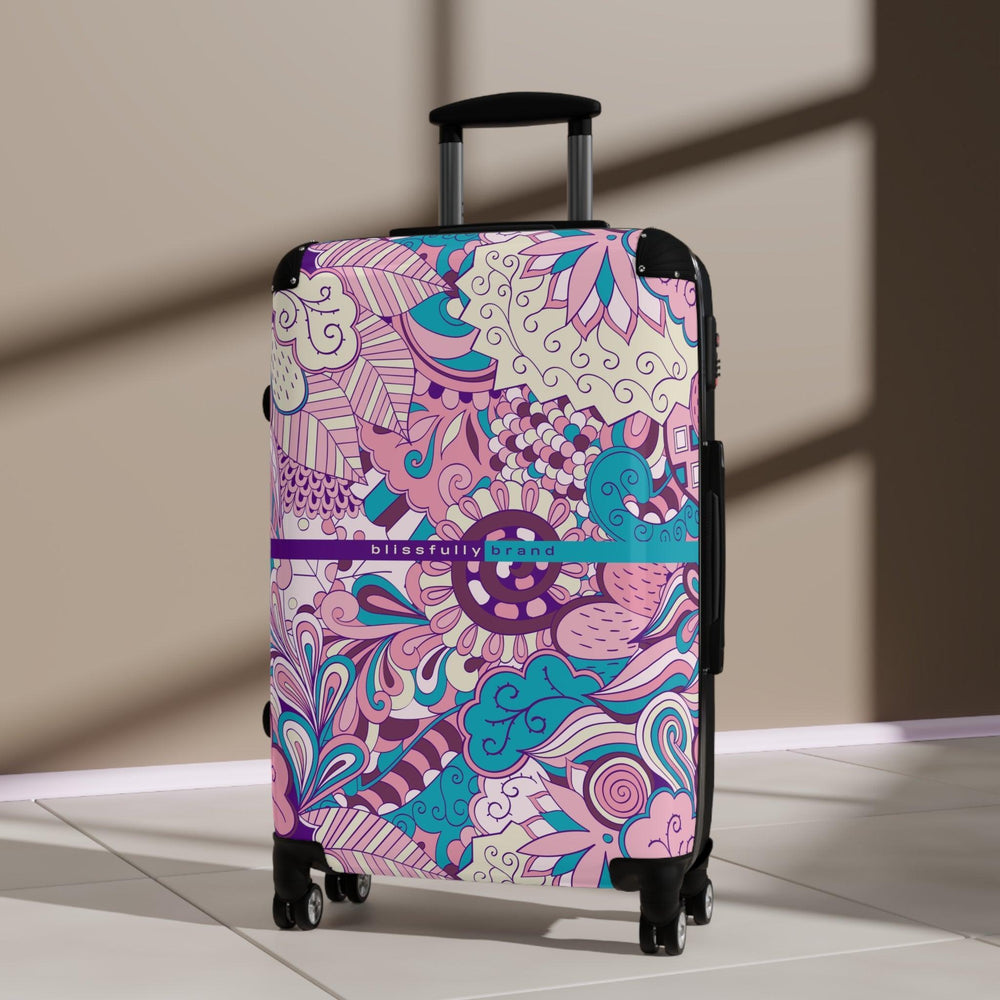 Antina Luggage Collection - Abstract Kaleidoscope Paisley Floral Print Psychedelic Retro Violet Pink Swirls Funky Multicolor Check in Carry On Roller 360 Hard Shell Unique Retro