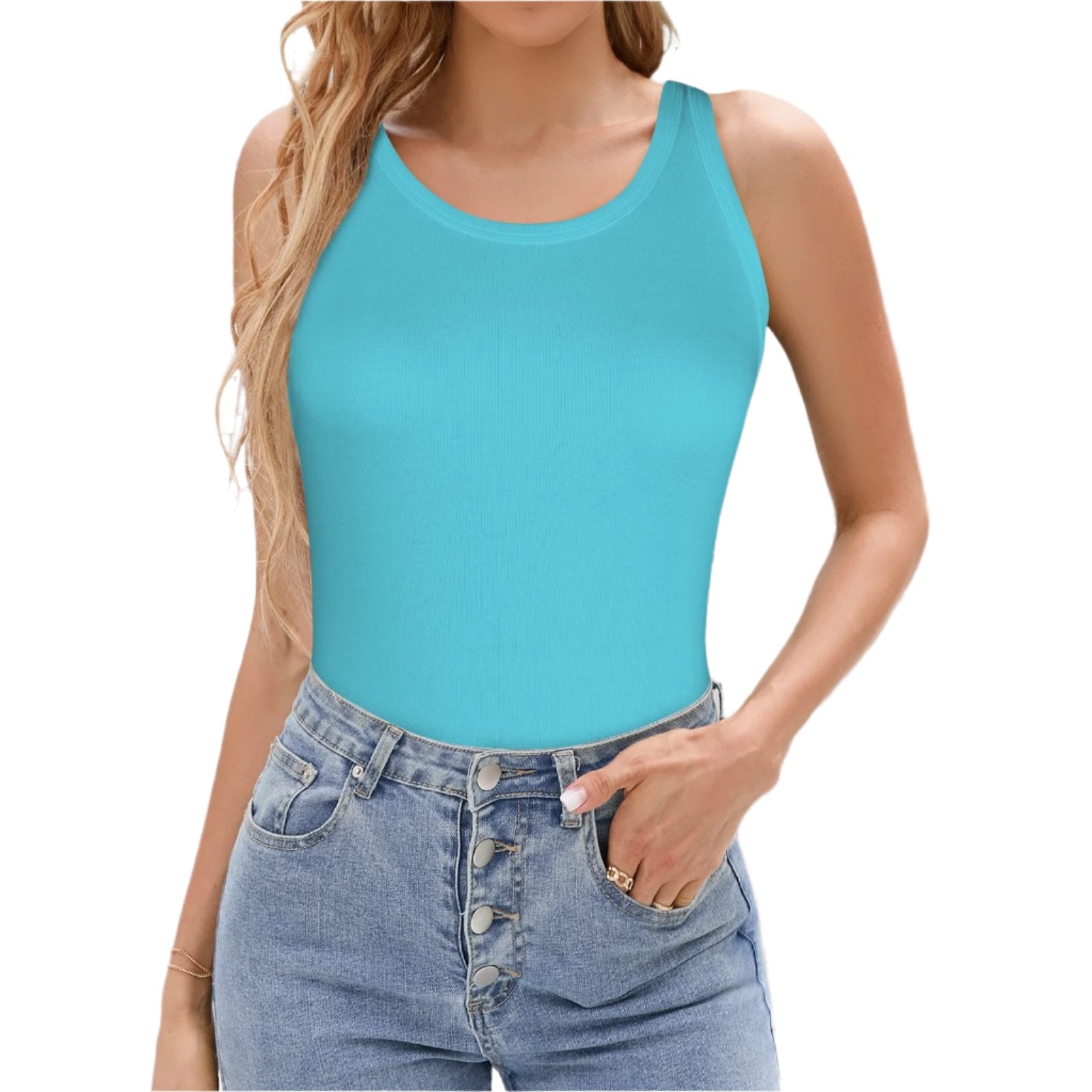 Kume Light Blue Women's Ribbed Knit Round Neck Fitted Tank Top Solid - Cotton Spandex Blissfully Brand