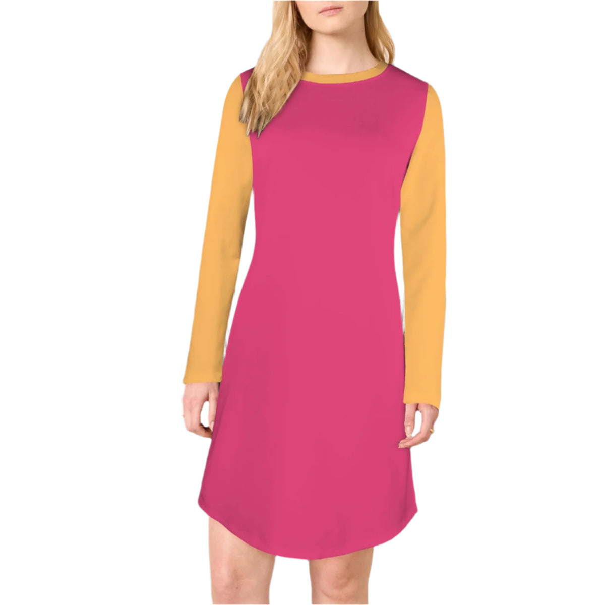 Pink and yellow color block Palai Series spacer fabric dress contrast long sleeves. Bold and vibrant by Blissfully Brand