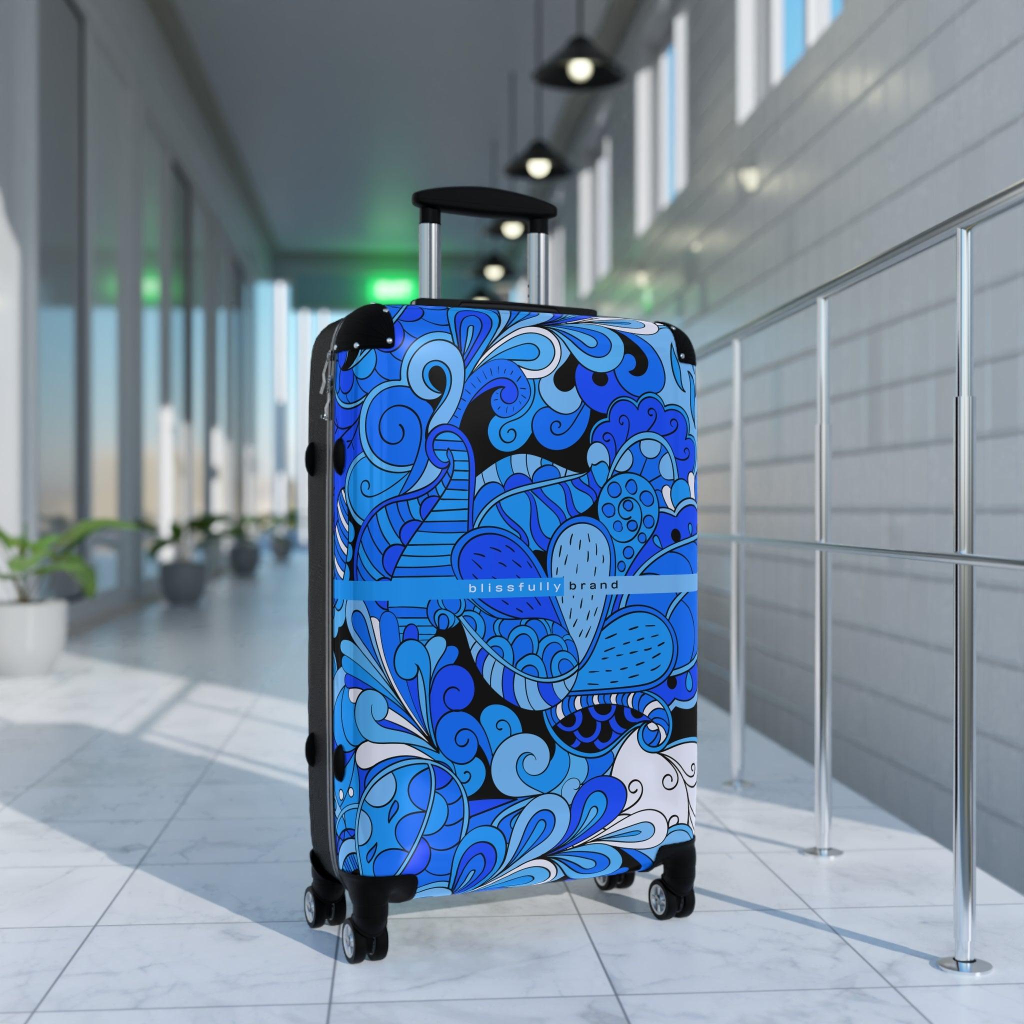 Ima Luggage Collection - Abstract Kaleidoscope Paisley Floral Print Psychedelic Retro Swirls Funky Multicolor Check in Carry On Roller 360 Hard Shell Unique Retro Vibrant Bold Blue