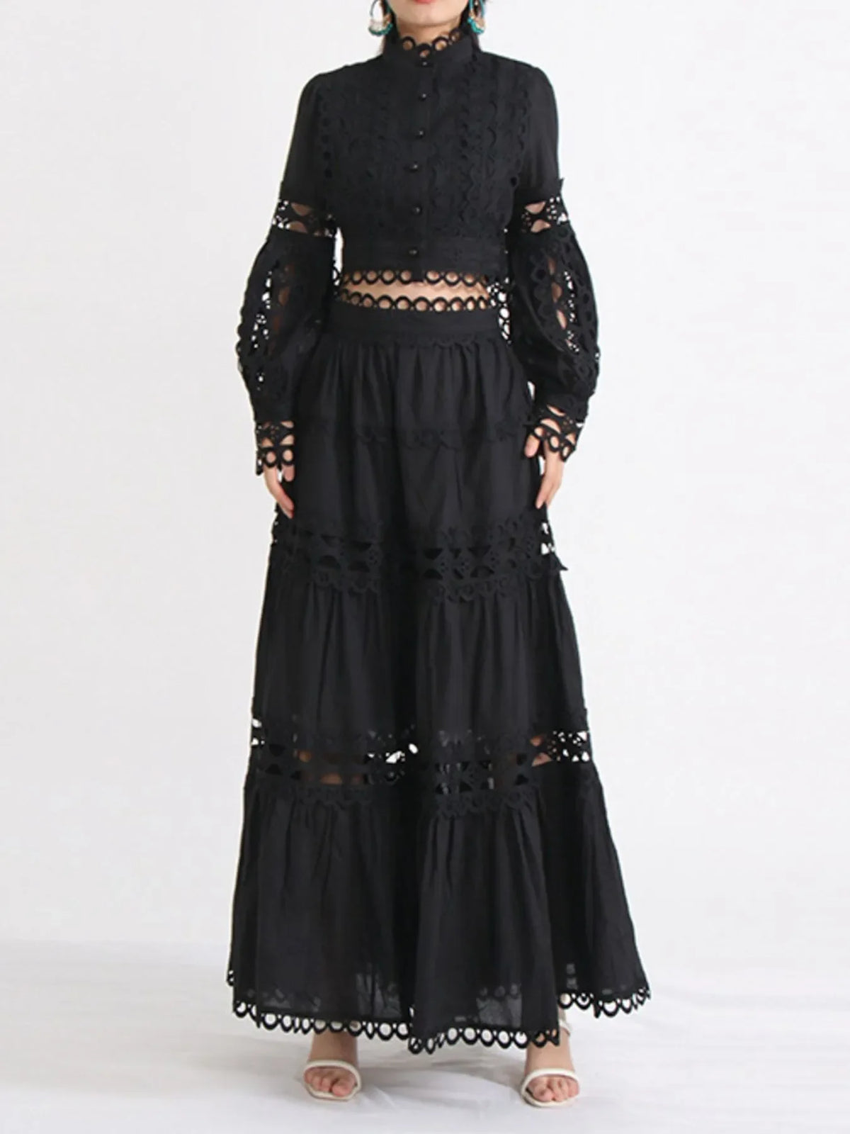 Black eyelet lace two-piece ensemble featuring a high-neck crop top with bishop sleeves and a tiered maxi skirt with scalloped cut-outs, available in 4 colors - Blissfully Brand Jeans