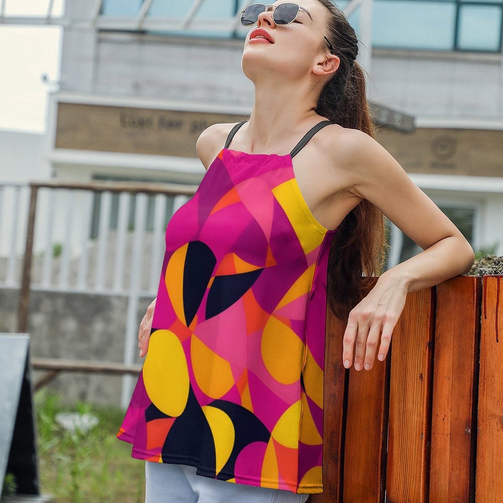 Trendy geometric halter Camisole Chic streetwear top Colorful Sleeveless Statement summer Bold Vibrant Retro Eye-catching Airline Series Blissfully Brand