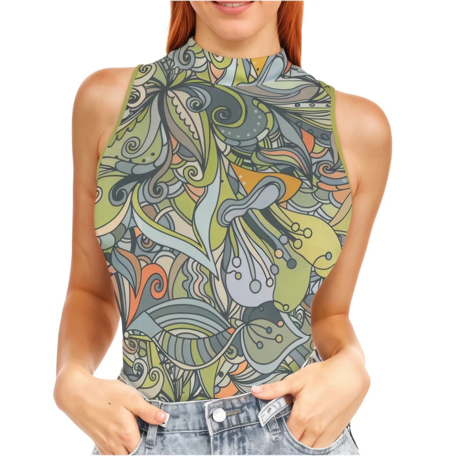 Vibrant Jana Series tank top with intricate earthy floral swirly patterns. Retro Green Orange - Mock neck fitted Blissfully Brand