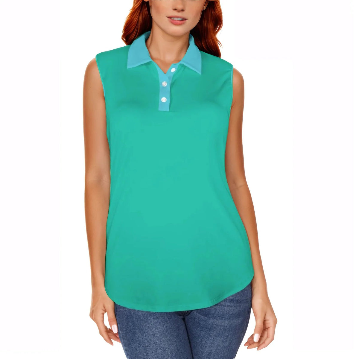 Kume Green Sleeveless Polo Shirt Women with contrasting light blue collar and trim Chic Tennis wear active casual summer Blissfully Brand