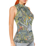 Retro Jana Series tank top with intricate earthy floral swirly patterns. Psychedelic Green Orange - Mock neck fitted Blissfully Brand