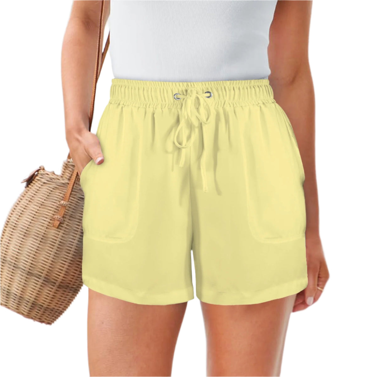 Women's casual yellow drawstring shorts with pockets and elastic waistband Piki Series Coordinate - Summer Styles - Blissfully Brand