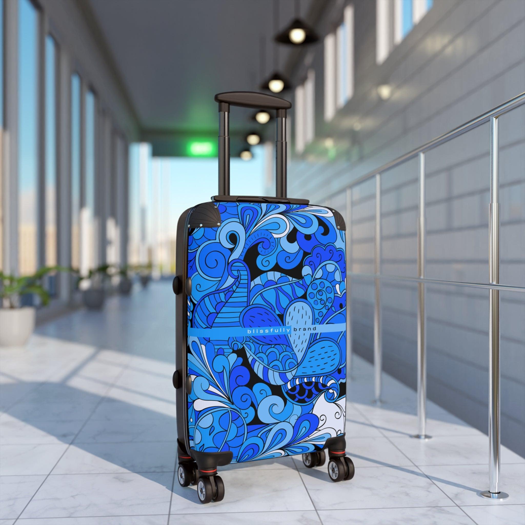 Ima Luggage Collection - Abstract Kaleidoscope Paisley Floral Print Psychedelic Retro Swirls Funky Multicolor Check in Carry On Roller 360 Hard Shell Unique Retro Vibrant Bold Blue