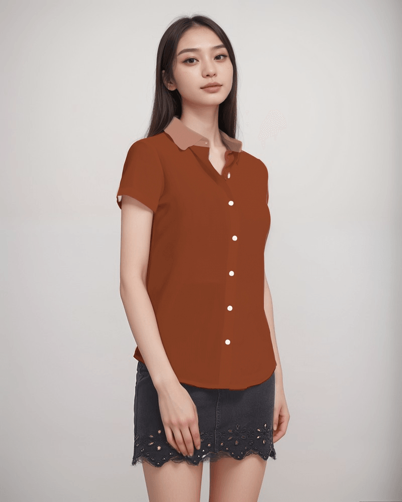 dark orange short-sleeve button-up casual shirt with brown orange collar women's blissfully brand