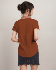 Miarna Orange Short Sleeve Button Collar Top