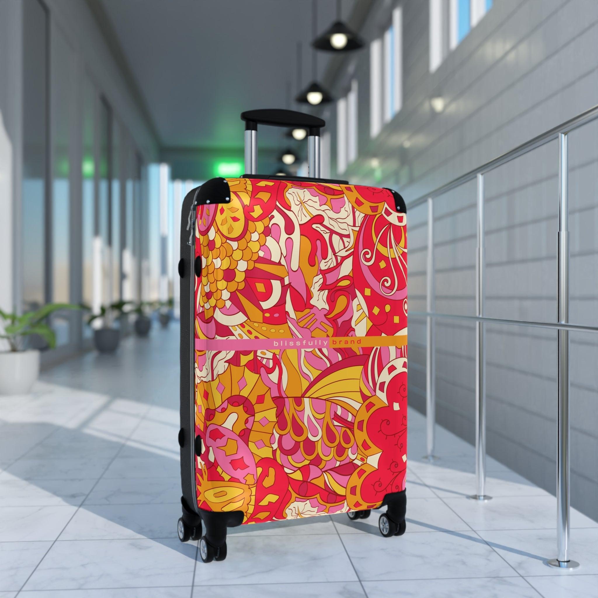 Decora Luggage Collection - Abstract Kaleidoscope Paisley Floral Print Psychedelic Retro Swirls Funky Red Pink Multicolor Check in Carry On Roller 360 Hard Shell Unique Retro Vibrant Bold