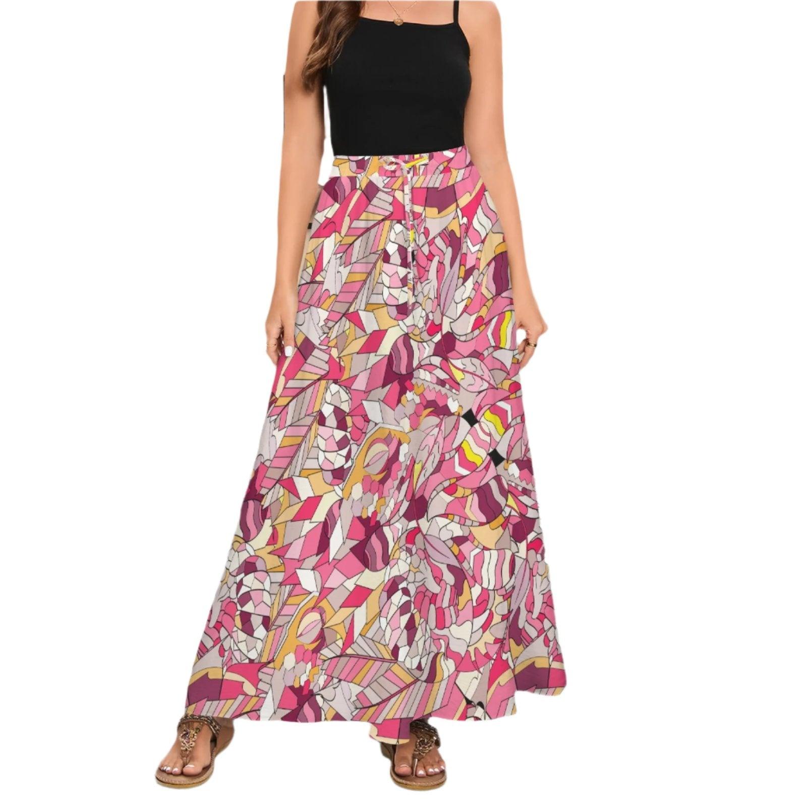 Vibrant pink multicolor abstract geometric print maxi skirt with pockets, high-waisted design retro stunning statement Blissfully Brand