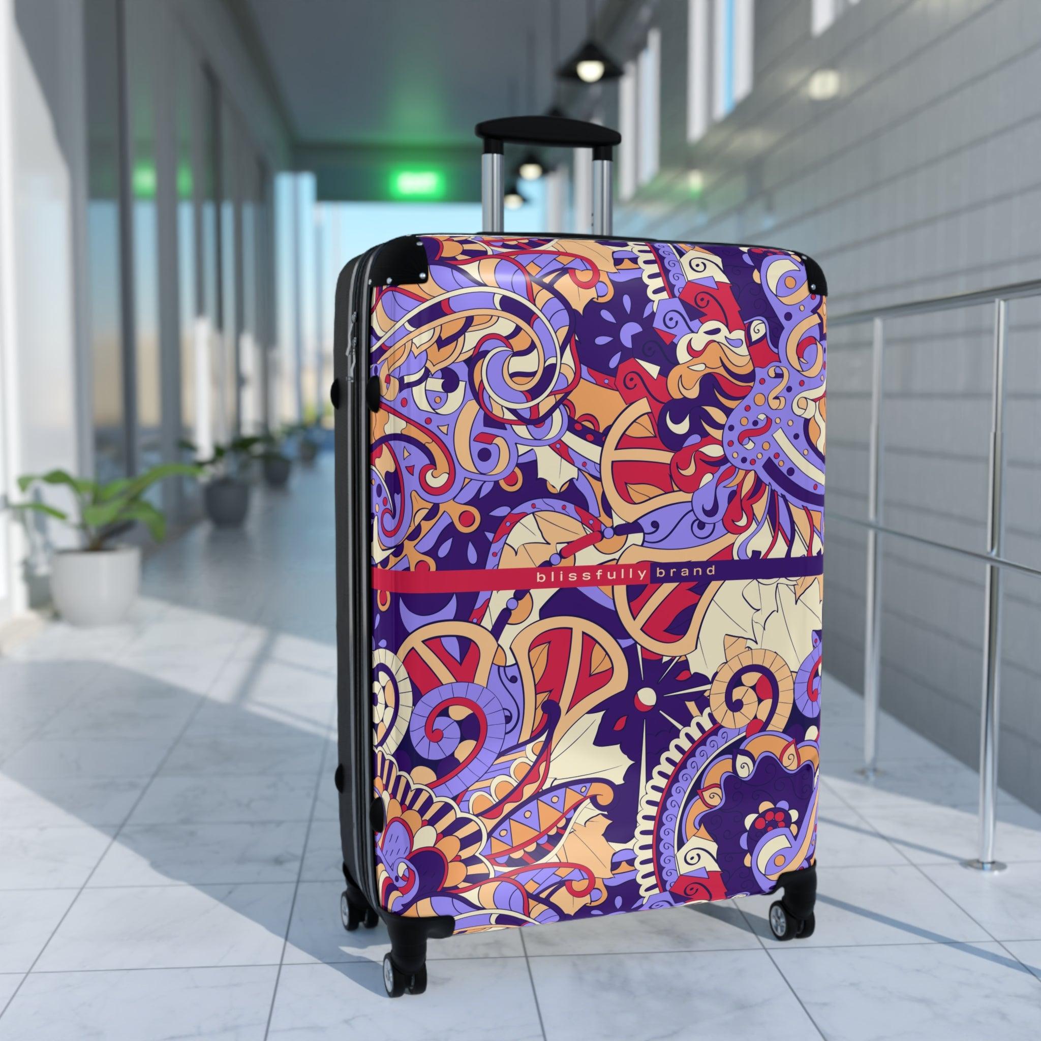 Sechie Luggage Collection - Abstract Kaleidoscope Baroque Paisley Floral Print Psychedelic Retro Swirls Funky Multicolor Check in Carry On Roller 360 Hard Shell Unique Retro Vibrant Bold Eclectic Boho Chic Blue