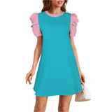 Turquoise A-line cocktail dress with pink puff sleeves, modern retro design - Blissfully Brand