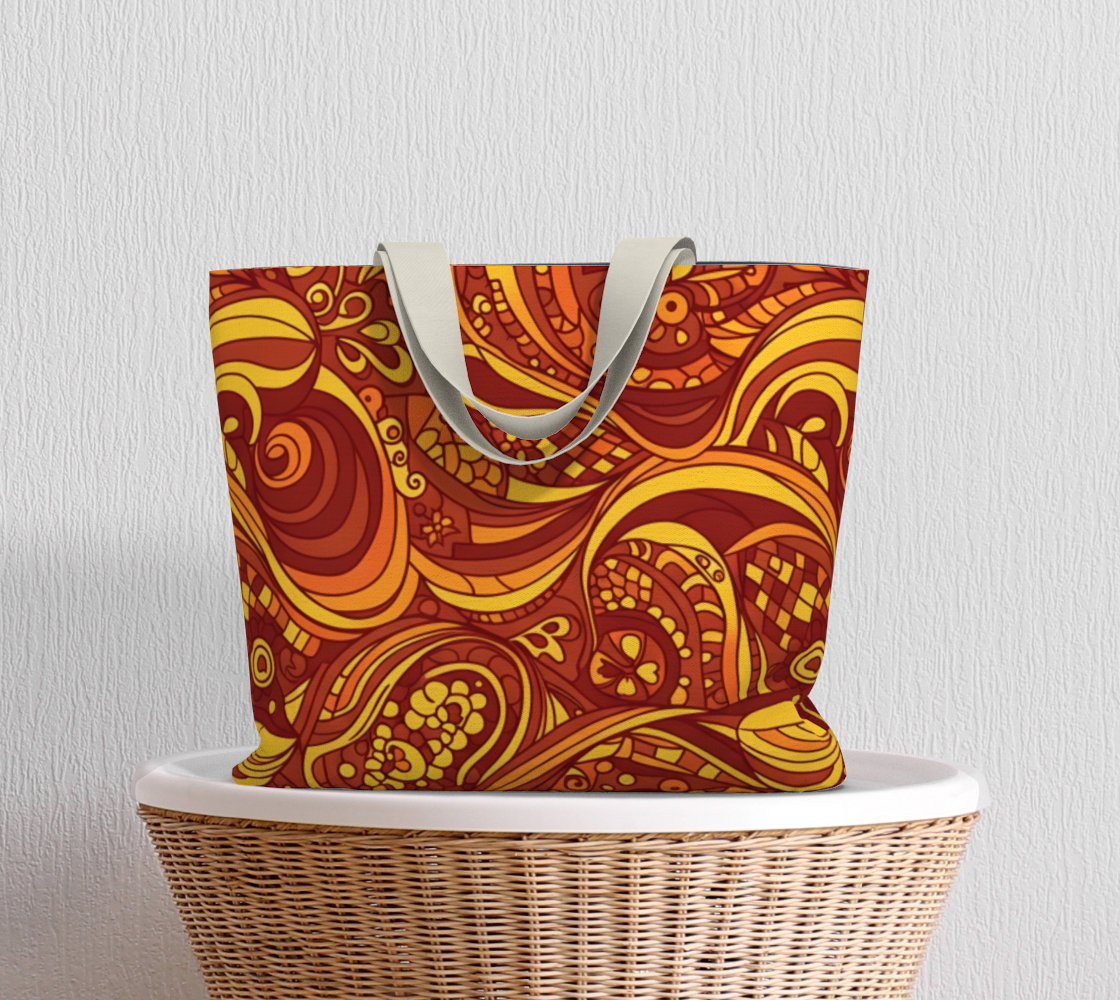 Safrana print large tote bag with vibrant paisley pattern in orange and red, made from poly or cotton canvas - retro boho carry all bag - Blissfully Brand