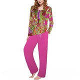 Women's 2 Piece Psychedelic Pajama Set - Long Sleeve Top with Pink Pants - Retro 70s Groovy Design