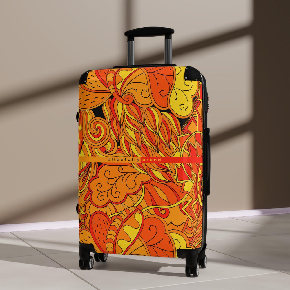 Mandra Luggage Collection - Abstract Kaleidoscope Paisley Floral Print Psychedelic Retro Swirls Funky Multicolor Check in Carry On Roller 360 Hard Shell Unique Retro Vibrant Bold Eclectic Black Orange