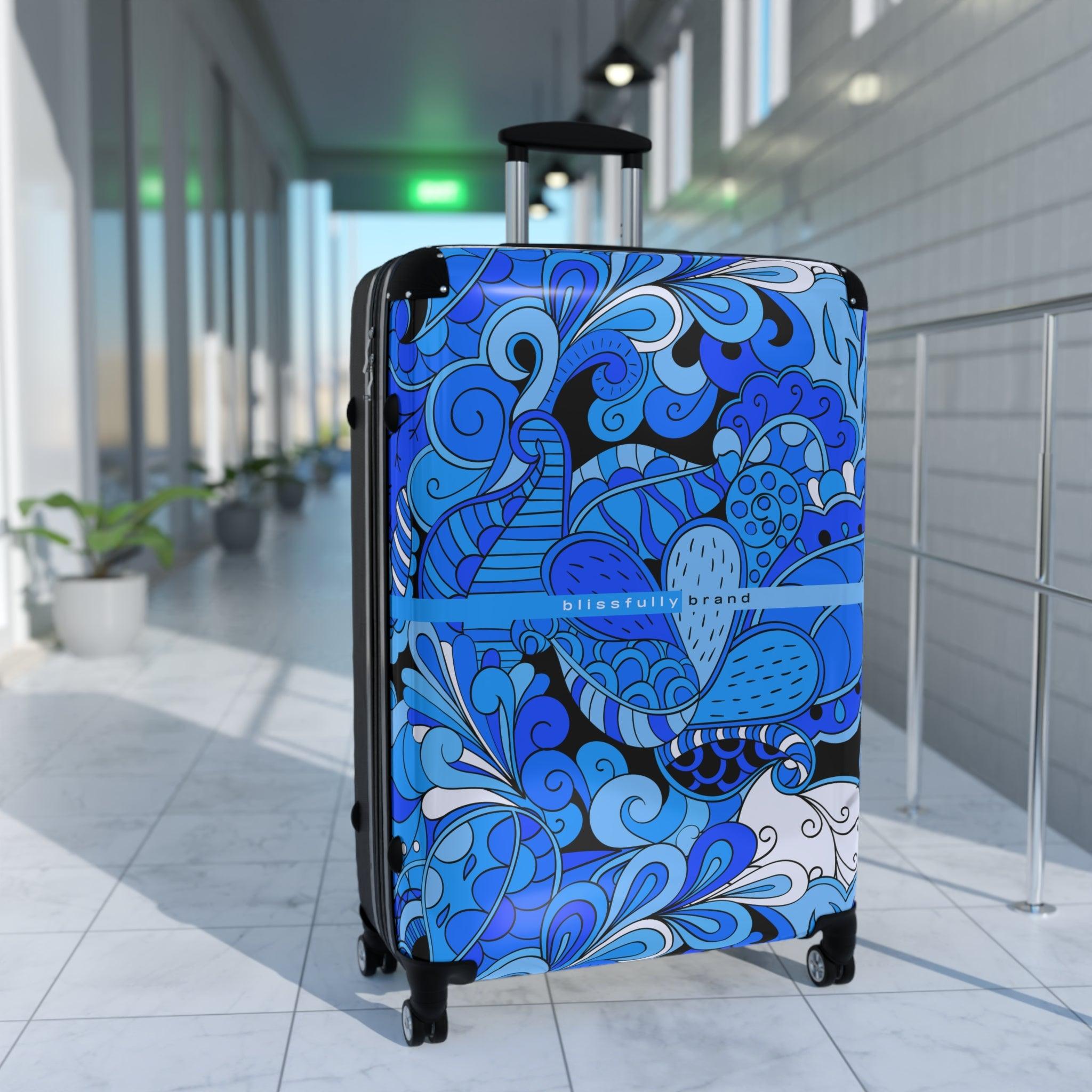 Ima Luggage Collection - Abstract Kaleidoscope Paisley Floral Print Psychedelic Retro Swirls Funky Multicolor Check in Carry On Roller 360 Hard Shell Unique Retro Vibrant Bold Blue