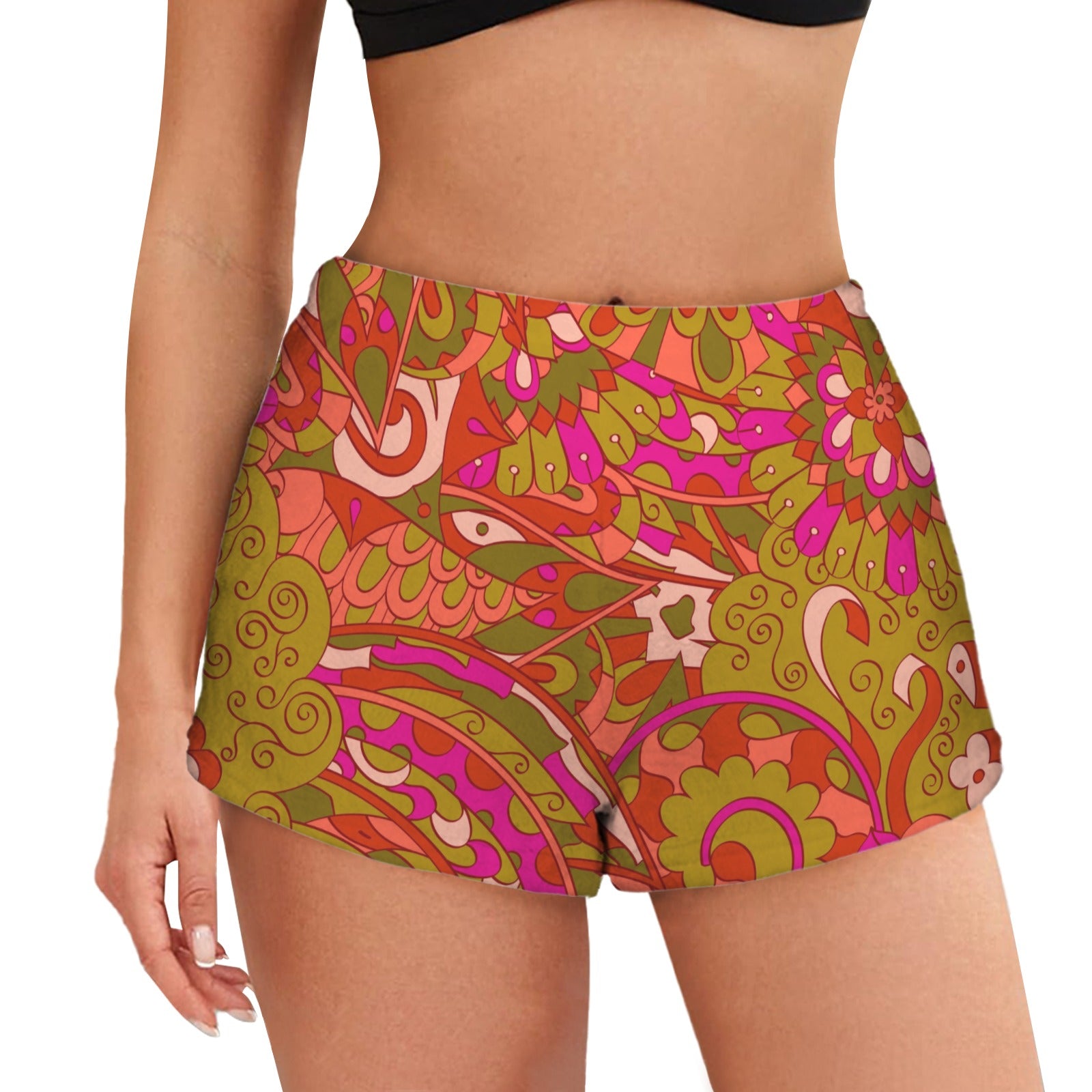 Women's retro-style flannel pajama shorts with a vibrant psychedelic print in orange, green, and pink