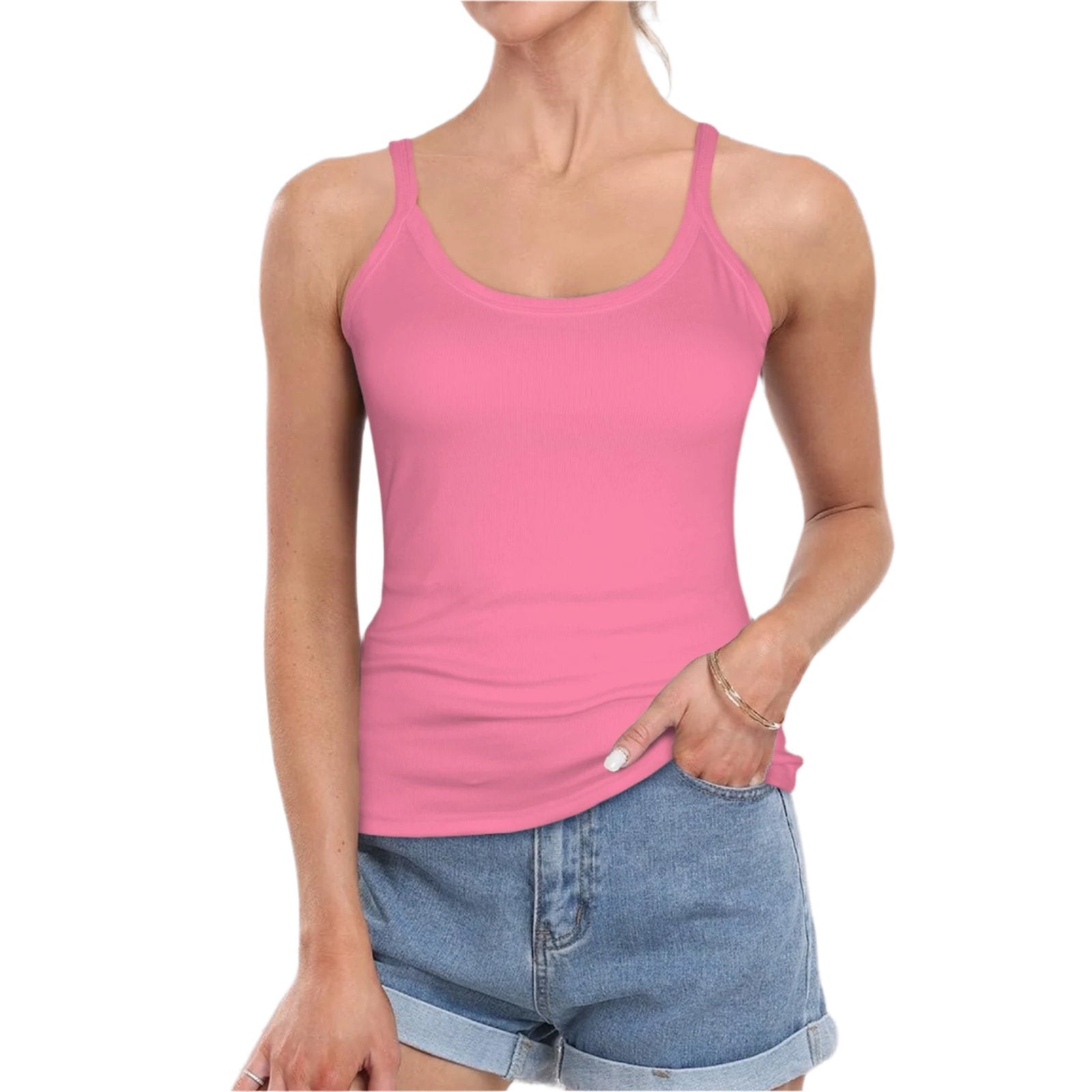 Women's pink sleeveless ribbed tank top, scoop neck camisole, casual summer slim fit solid - Blissfully Brand