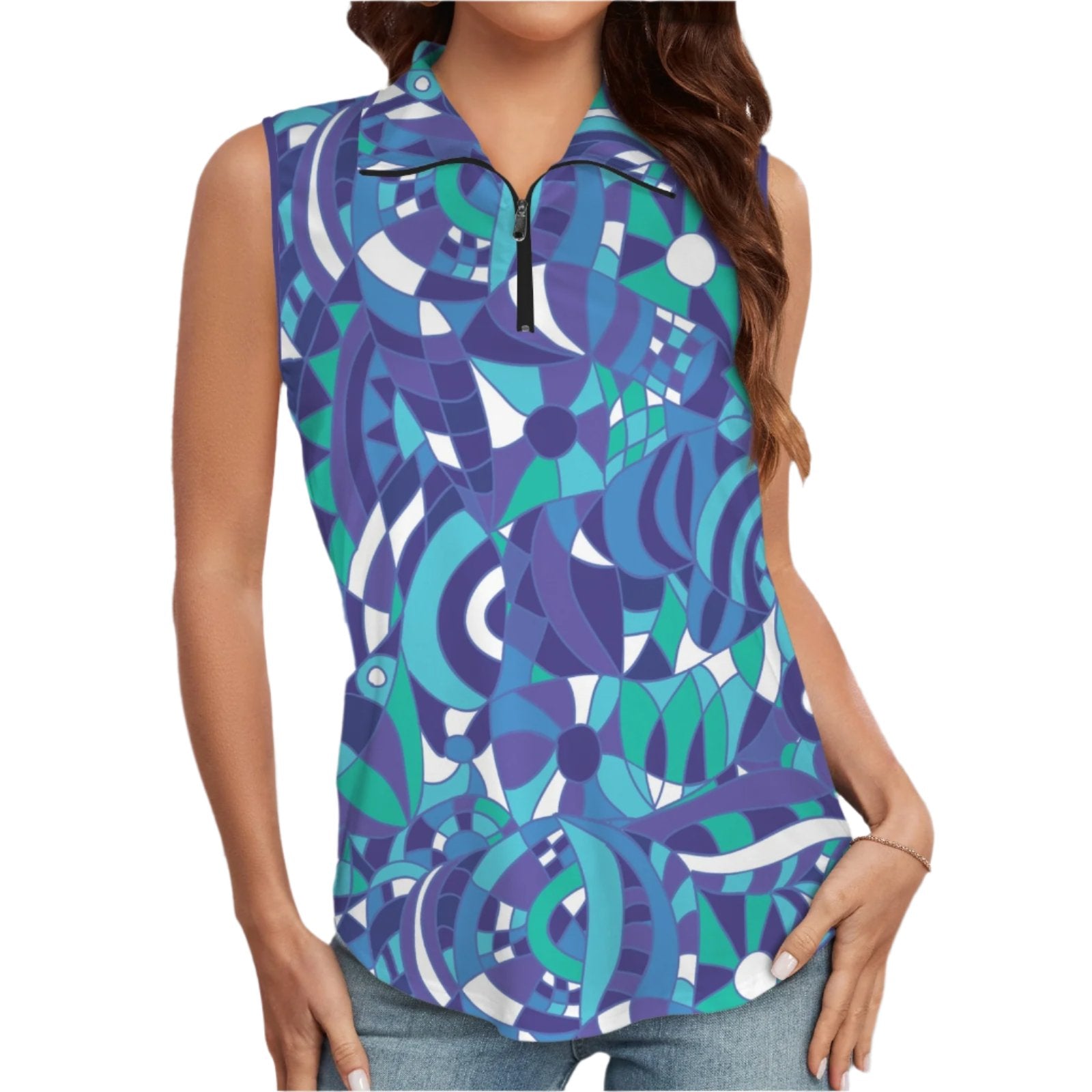 Kume Women's sleeveless zip polo top with an abstract geometric print in blue, green, and white. Retro casual chic summer styles - Blissfully Brand