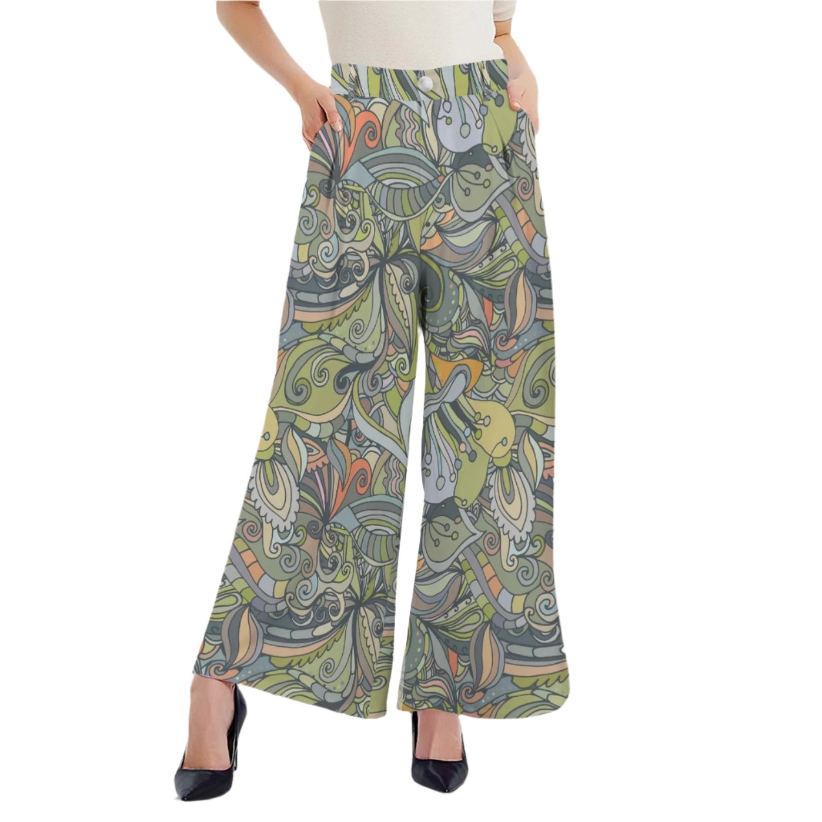 Jana High-waisted wide-leg pants with a soft, retro floral design in earthy tones. The pants are made from a flowy fabric and have a flattering silhouette. Psychedelic Retro Vibes Blissfully Brand