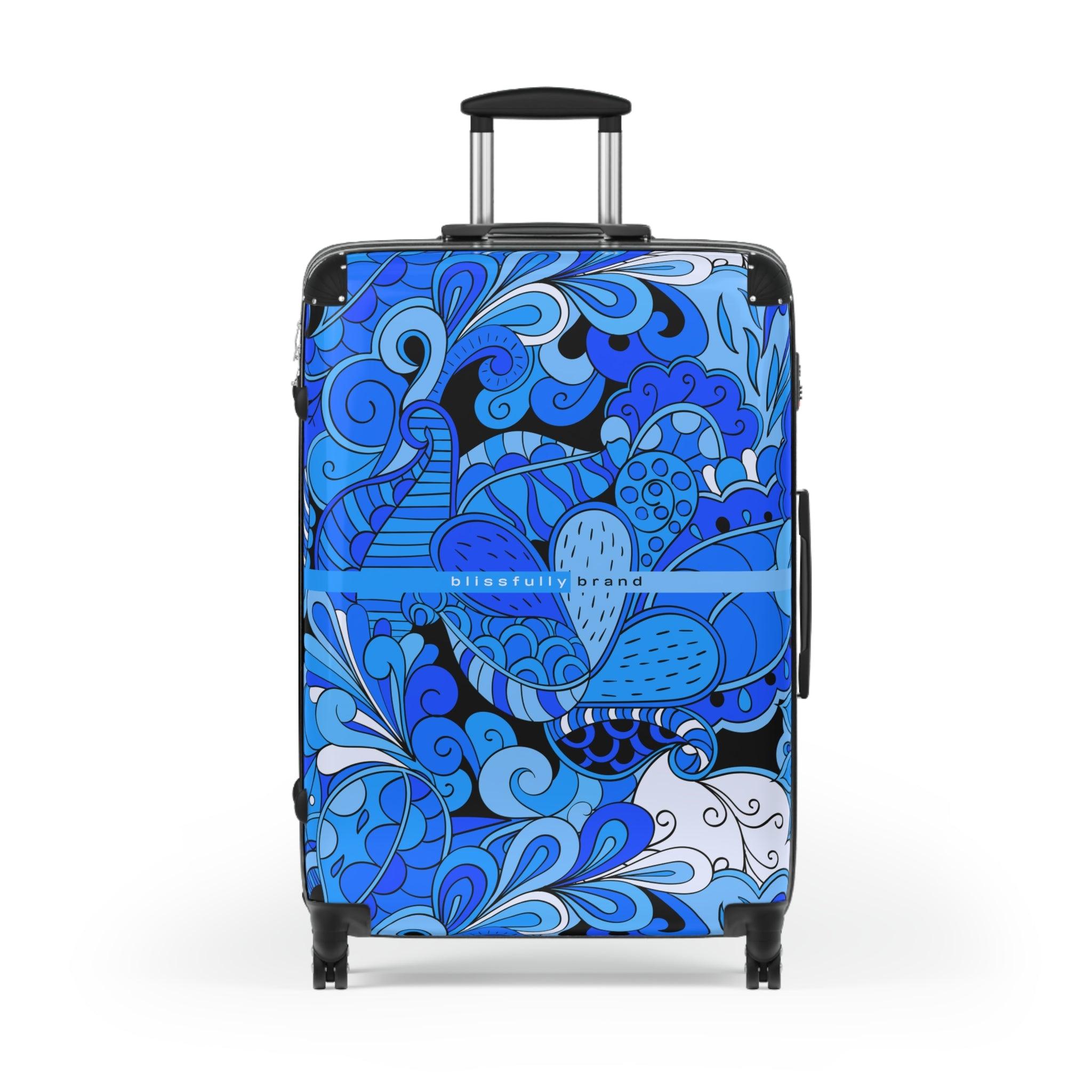 Ima Luggage Collection - Abstract Kaleidoscope Paisley Floral Print Psychedelic Retro Swirls Funky Multicolor Check in Carry On Roller 360 Hard Shell Unique Retro Vibrant Bold Blue