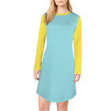 Retro-modern color block Inela dress in mint with yellow sleeves, knee-length silhouette in spacer fabric. Blissfully Brand