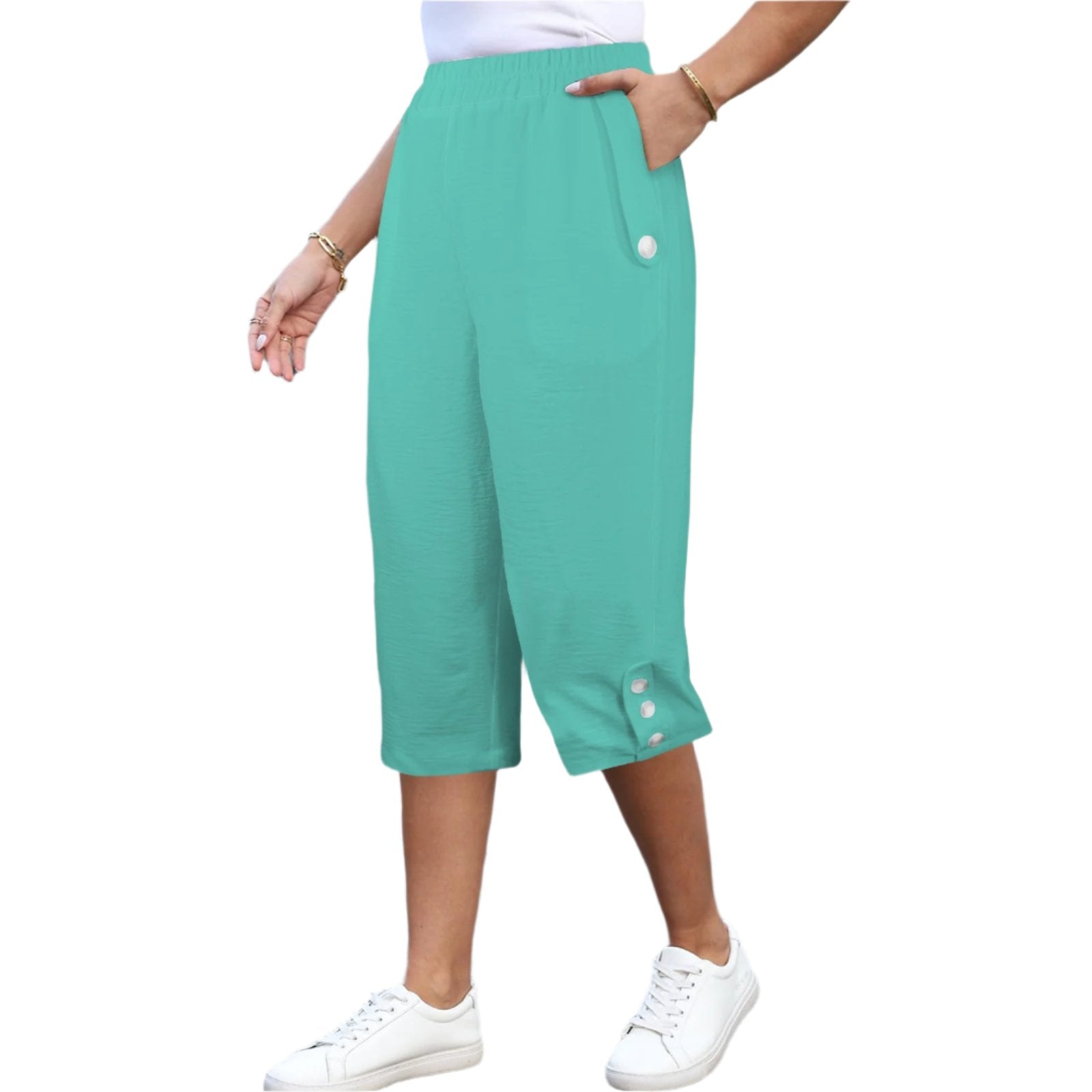 Mima Light Green Women's Capri Pants with Wide Leg & Button trim and pockets, elastic waistband Blissfully Brand