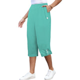 Mima Light Green Women's Capri Pants with Wide Leg & Button trim and pockets, elastic waistband Blissfully Brand