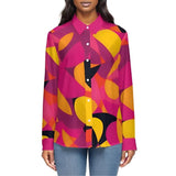 Airline Series 929 Long Sleeve Button-Up Shirt Geometric Pop Art Print Yellow Orange Pink Multicolor Chic long sleeve blouse Collar Bold Vibrant Retro Abstract Print Blissfully Brand