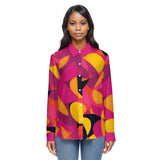 Airline Series 929 Long Sleeve Button-Up Shirt Geometric Pop Art Print Yellow Orange Pink Multicolor Chic long sleeve blouse Collar Bold Vibrant Retro Abstract Print Blissfully Brand