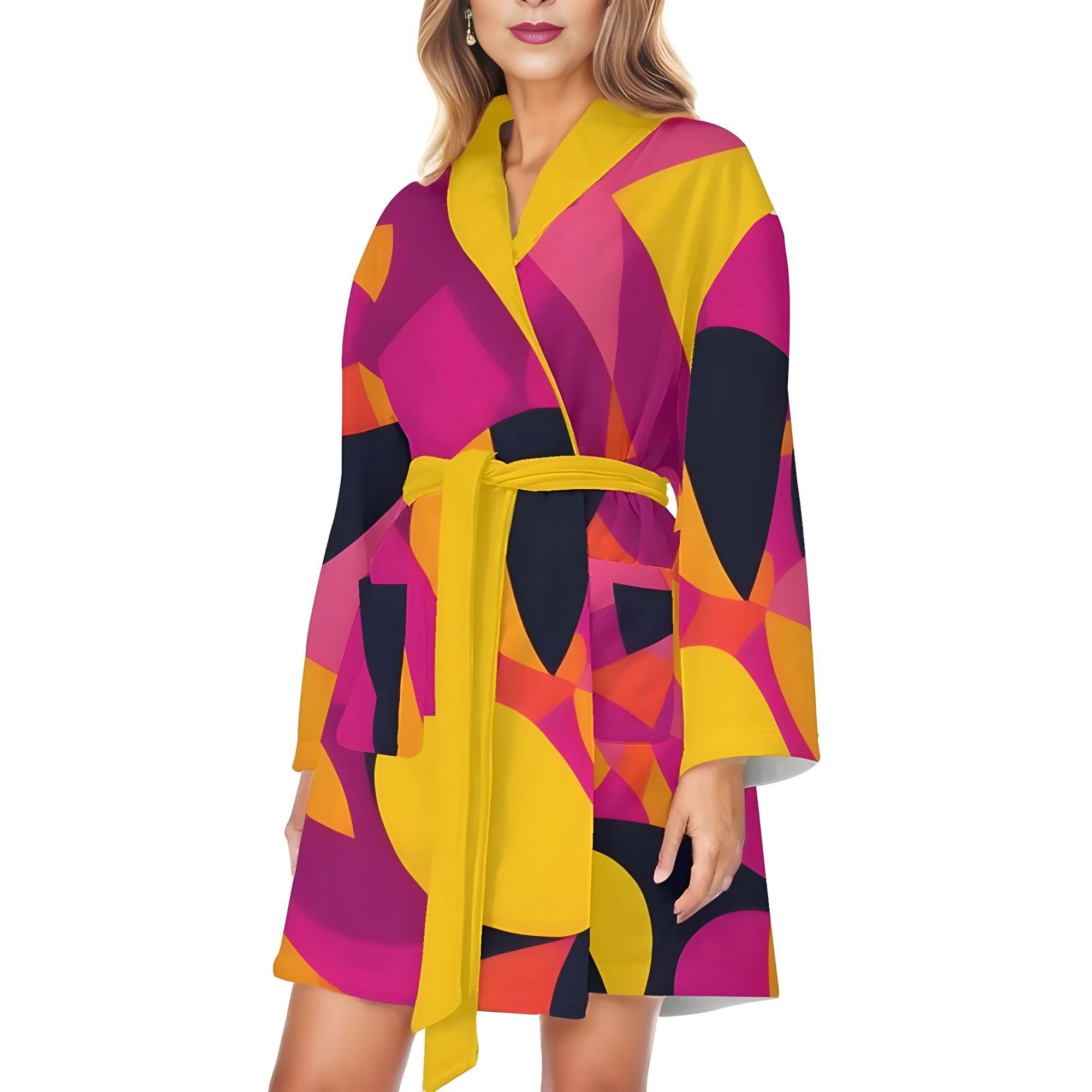 Airline Series Lightweight Short Bathrobe - Abstract - Belted Robe Pink Yellow Orange Retro Bold Vibrant Pockets Women's 929 Blissfully Brand Black Label Psychedelic 70's pop art Geometric
