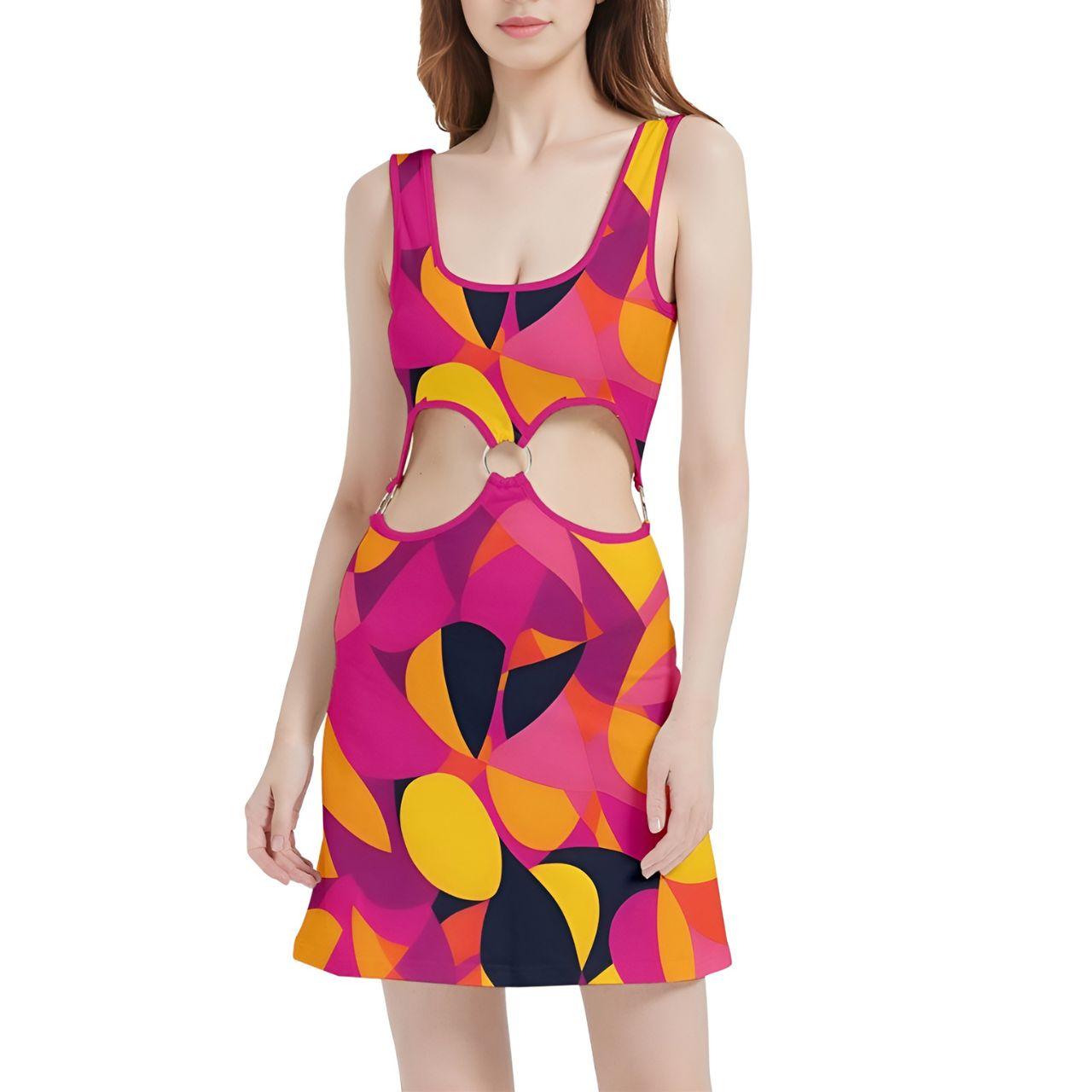 Airline Series Velour Mid Cutout Mini Dress - Mod Abstract Geometric Pink Orange Yellow Retro Funky Bold Vibrant Clubwear Evening Scoop Neck  Psychedelic 70's pop art