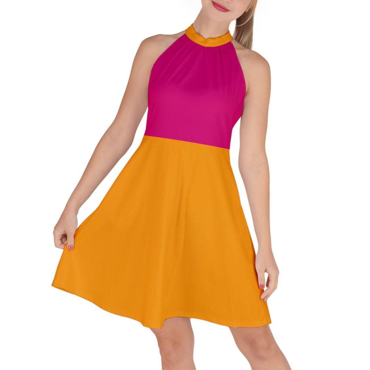 Airline Color Block Halter Neck A-Line Dress - Orange & Red Trendy Party Flare Dress Retro Bold Solid Blissfully Brand