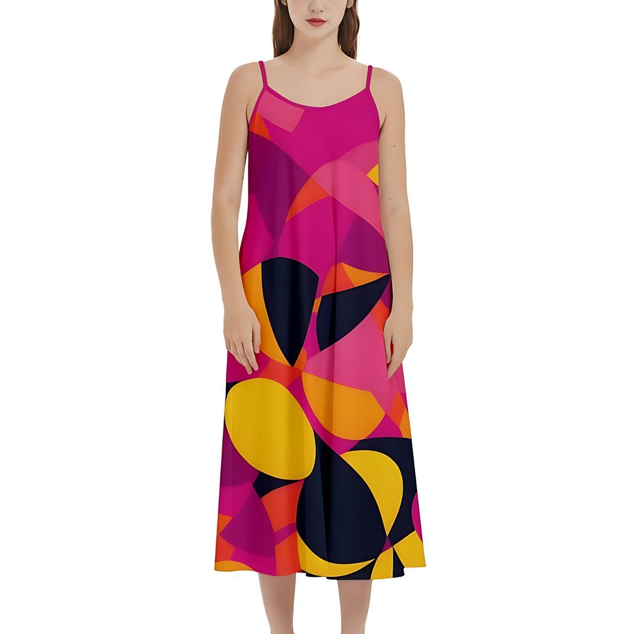 Relaxed Spaghetti Strap Midi Dress Geometric Pop Art Pink Yellow Orange Summer Relaxed Bold Funky retro Vibrant Blissfully Brand