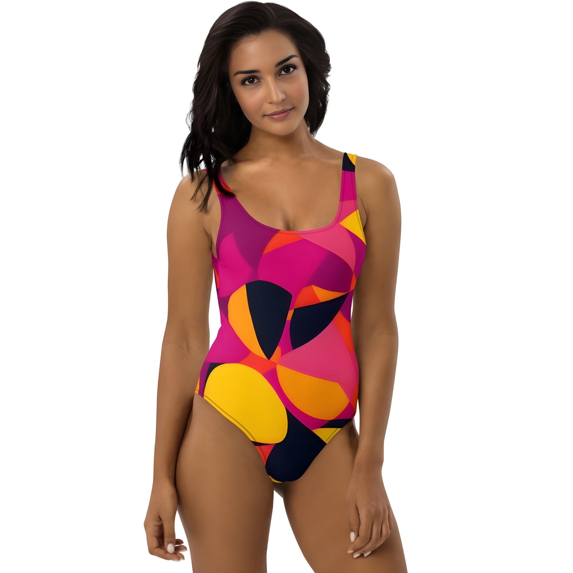 Airline Series 929 Scoop Neck One-Piece Swimsuit - Low Back - Abstract Print Multicolor Geometric Shapes Beach Summer Funky Bold Vibrant Beachwear Pink Orange Yellow Blissfully Brand