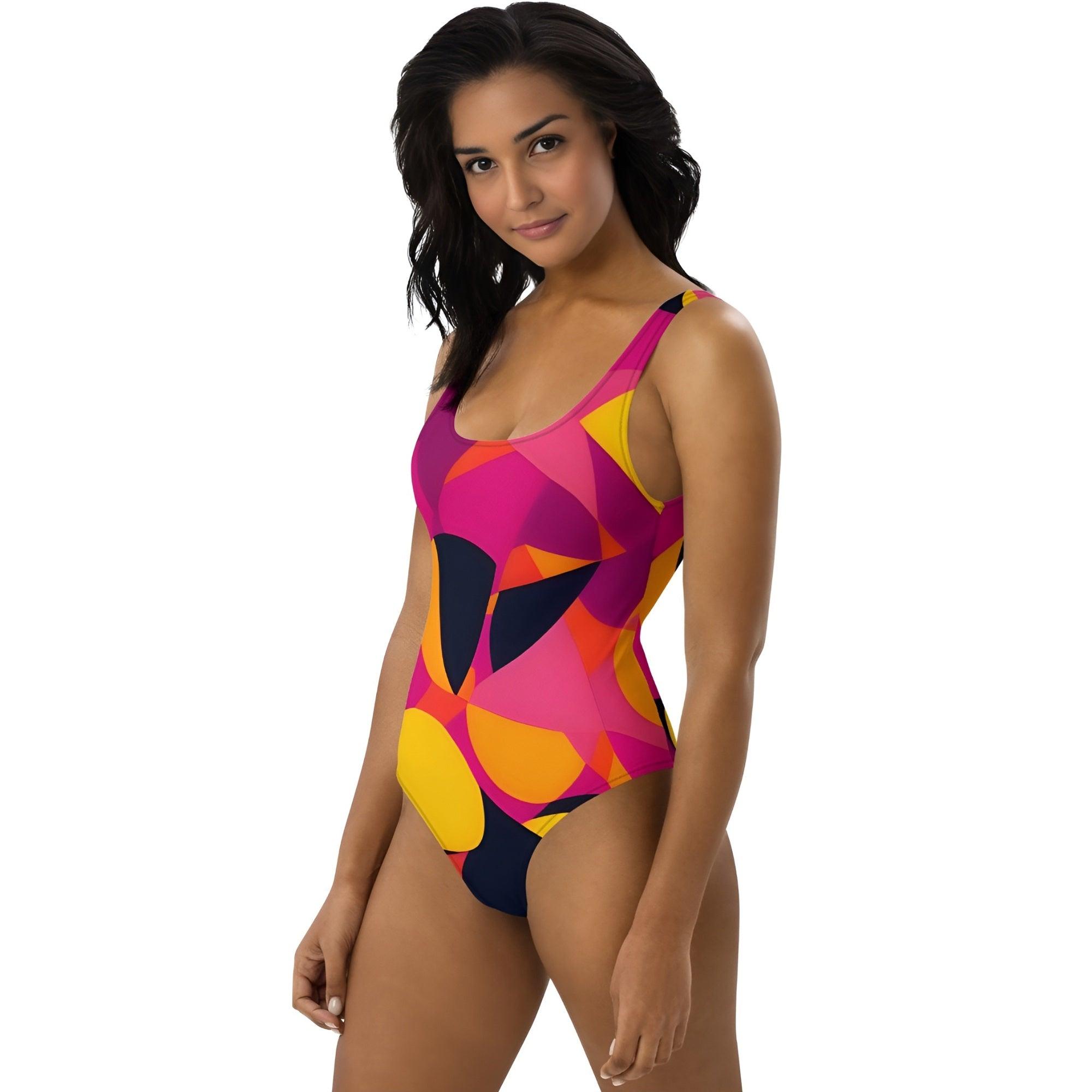 Airline Series 929 One-Piece Swimsuit - Low Back - Abstract Print Multicolor Geometric Shapes Beach Summer Funky Bold Vibrant Beachwear Pink Orange Yellow Blissfully Brand