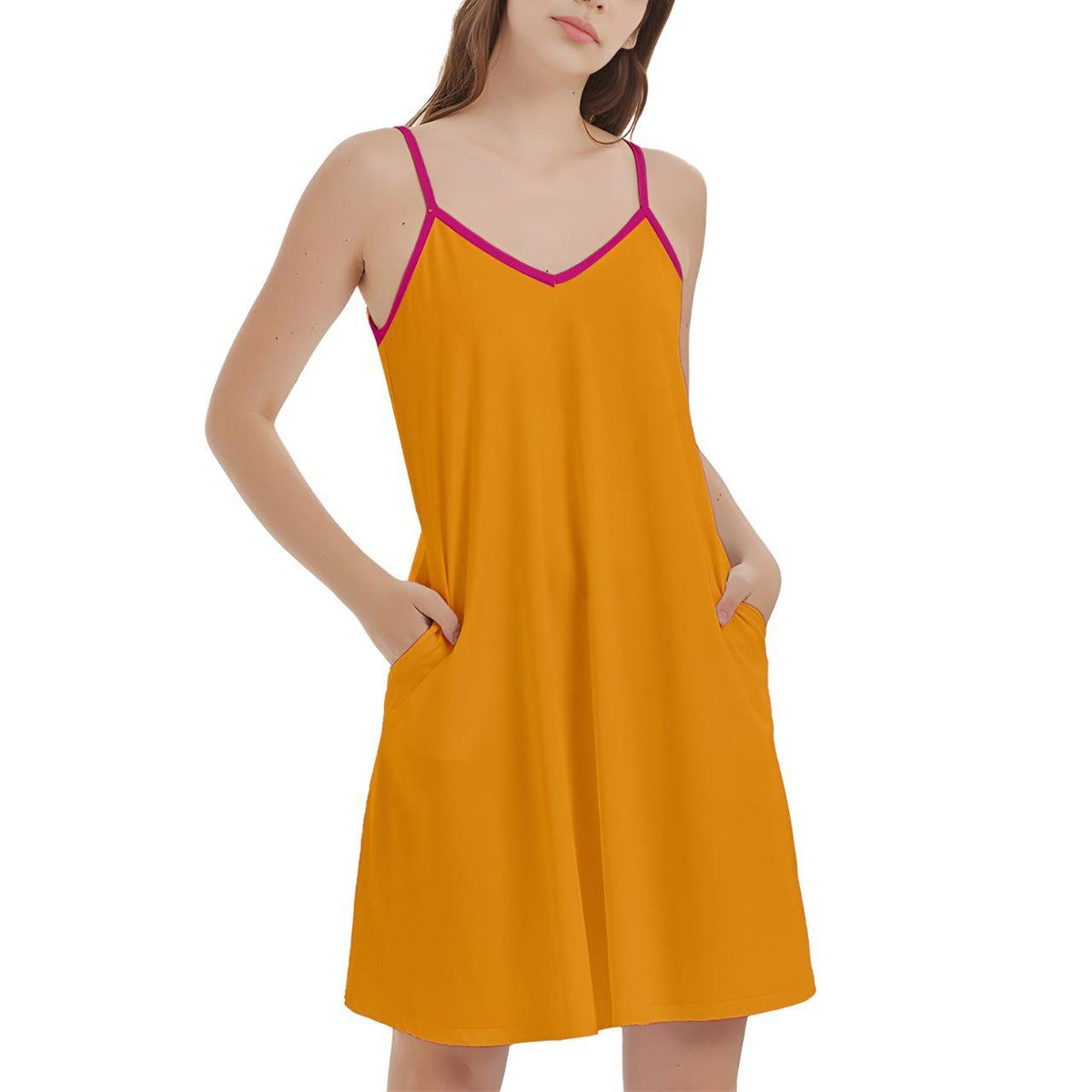 Modern Woman in Stylish Orange Sleeveless Dress with Pink Trim Cami A-line Summer Fashion