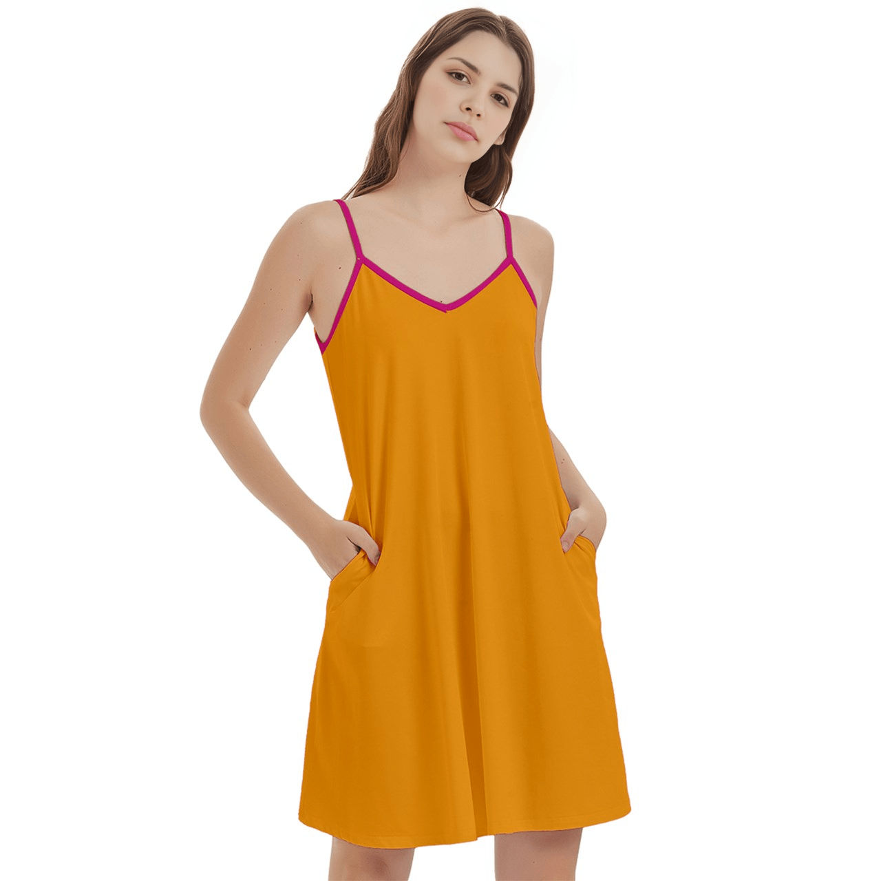 Stylish Orange Sleeveless Dress with Pink Trim and Pockets - Trendy Summer Fashion Outfit