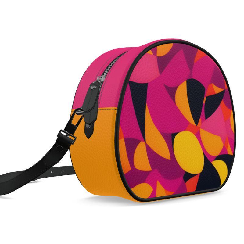 Airline Series Crossbody Leather Circle Bag - Geometric Print Pink Yellow Orange Mod Retro Funky Bold Shoulder Bag Flight 929 - Munich  by Blissfully Brand Handmade in England Psychedelic 70's pop art